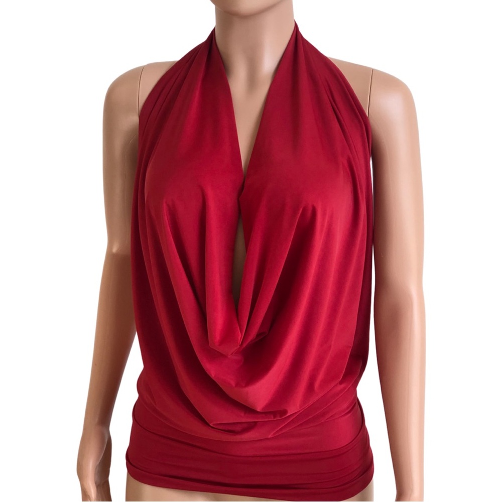 SEXY Red Backless Drape Halter Top Low Cut Plunging Neckline, HandMade In USA
